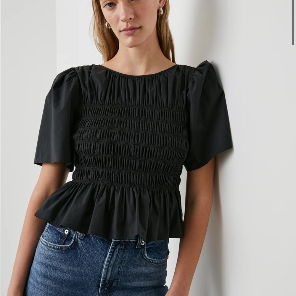 Black Smocked Puff Sleeve Top